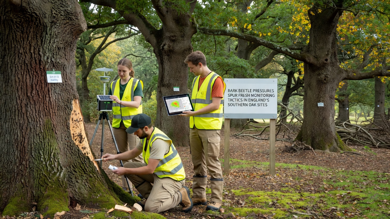 Close-up of pheromone trap and sensor equipment deployed on oak trunks in a monitored woodland